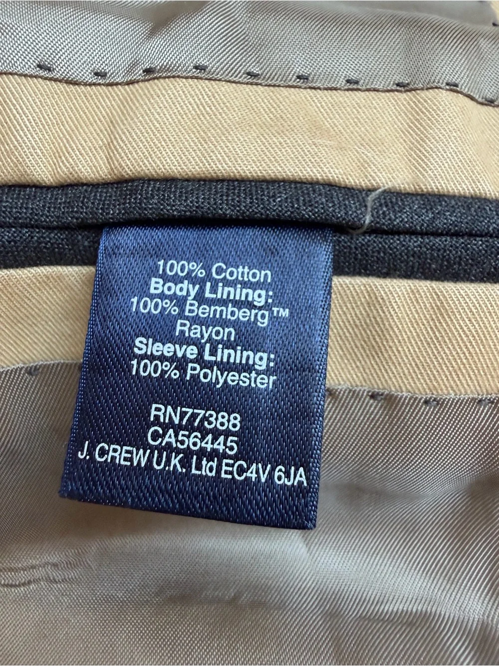 J Crew Ludlow slim fit cotton chino tan suit coat
